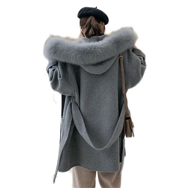 

2019 new winter women double-faced woolen coat female natural lambswool cashmere jacket real fur collar hooded overcoats x38, Black