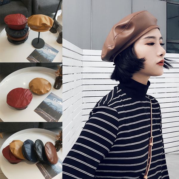 

Vintage 5Style Women Solid PU Beret Hat French Artist Warm Hat Winter Ski Cap Lady All-Match Hat Fashion Berets Hot sale