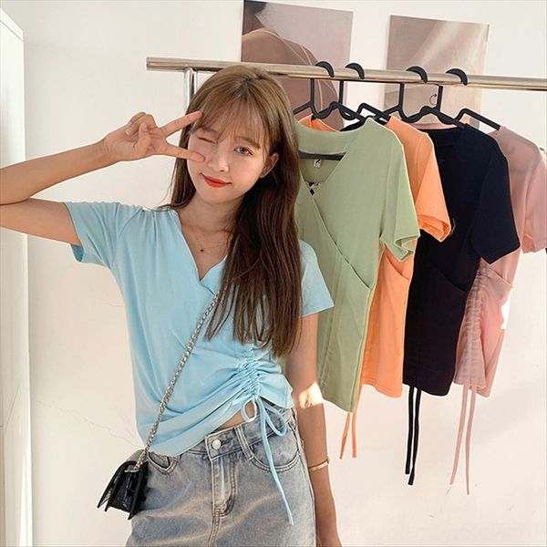 

ковер с коротким рукавом футболки ins моды 2020 высокой талии короткий v-образным вырезом шнурок верхней женские ковровых короткими рукавами, White