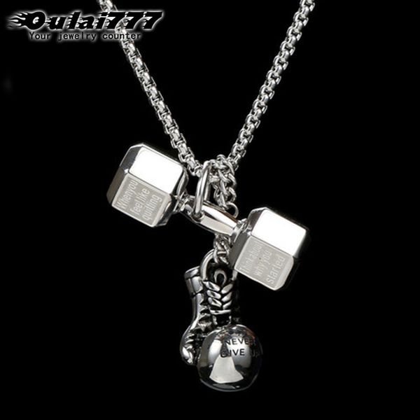 

oulai777 boxing gloves barbell necklace mens stainless steel sports necklace gifts for a man accessories fitness master pendants, Silver