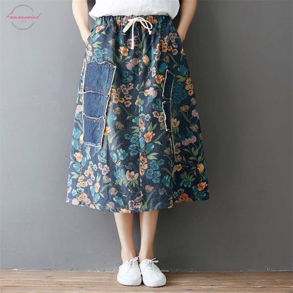 

large sizes patch floral women denim skirt long summer casual streetwear elastic waist ethnic saia femme jean skirts f1213, Black