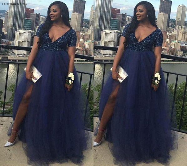 

african black girls prom dress navy blue split long formal pageant holidays wear graduation evening party gown plus size, White;black