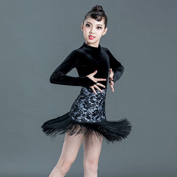 

latin dance dress long-sleeved velvet bodysuit lace fringed skirt girls show costumes tango salsa rumba cha cha samba kid dn4456, Black;red