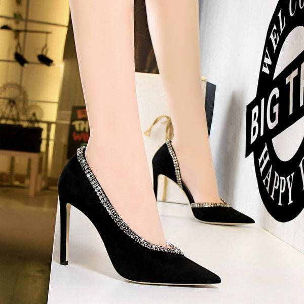 

2020 new arrival women pumps v mouth rhinestone female high heels women shoes pointed toe dress shoes thin heel wedding shoes, Black