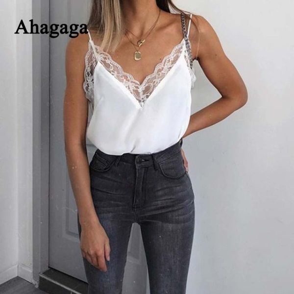 

women's tanks & camis 2021 spring summer lace women fashion solid white black patchwork v-neck blusas female
