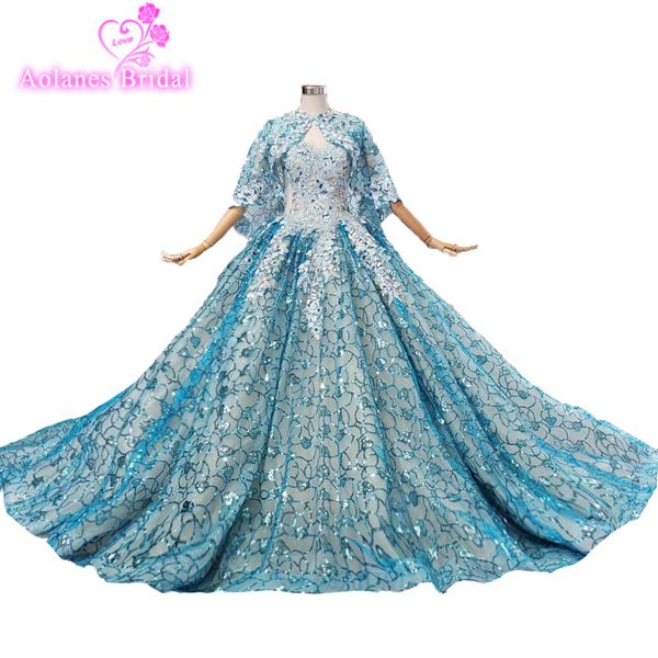 

2019 blue glitter lace evening dresses sleeveless with cape ball gown crystals vintage prom dresses custom made party dress gown, White;black