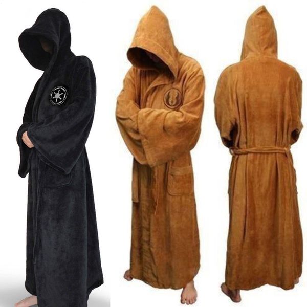 

male flannel robe male with hooded thick dressing gown jedi empire men's bathrobe winter long robe mens bath, Black;brown