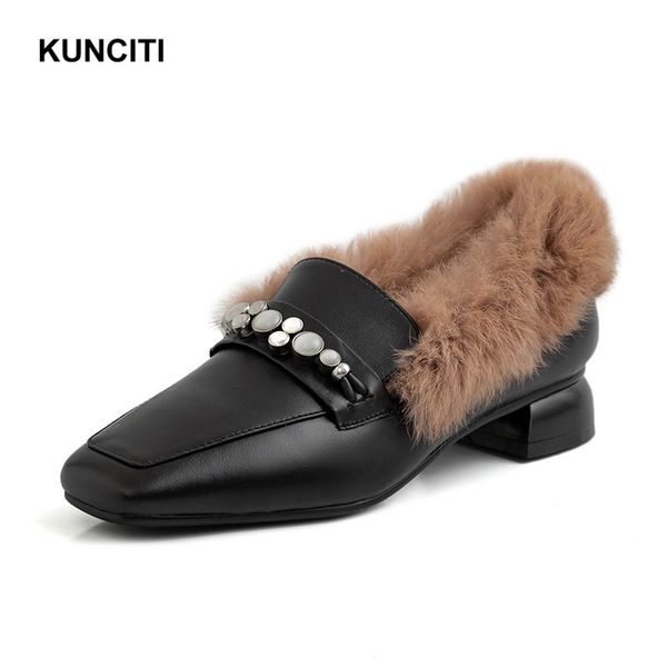 

kunciti plus size 34-43 winter warm shoes fur low heel ladies pumps genuine leather crystal european shoes fashion design, Black