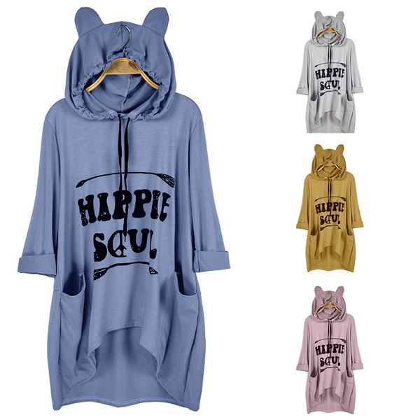 

2019 t-shirt women casual print cat ear hooded t-shirt long sleeves pocket irregular fashion new femme ss5235