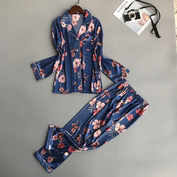 

daeyard luxury women's pajamas silk floral print 2pcs pajama set long sleeve shirts and pants pijamas sleepwear casual homewear, Blue;gray