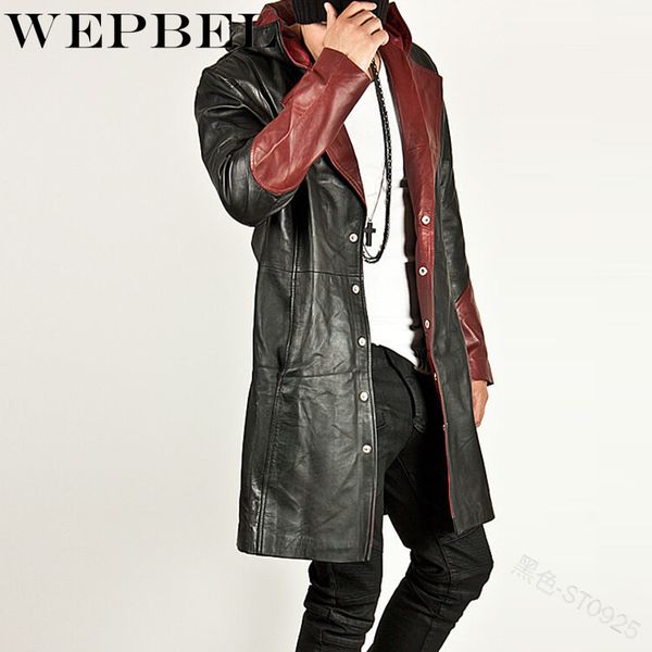 

wepbel мужская куртка зима весна повседневная мода кнопка тонкий пэчворк мужские пальто с длинным капюшоном pu пальто, Black