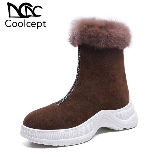 

coolcept winter ankle snow boots fashion zipper keep warm plush fur cotton shoes women round toe flats footwear size 35-39, Black