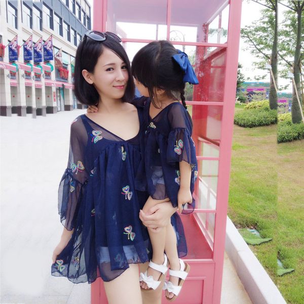 

1 set vest and dress mother and daughter clothes with short sleeve mommy and me dress summer matching couple outfits, Blue