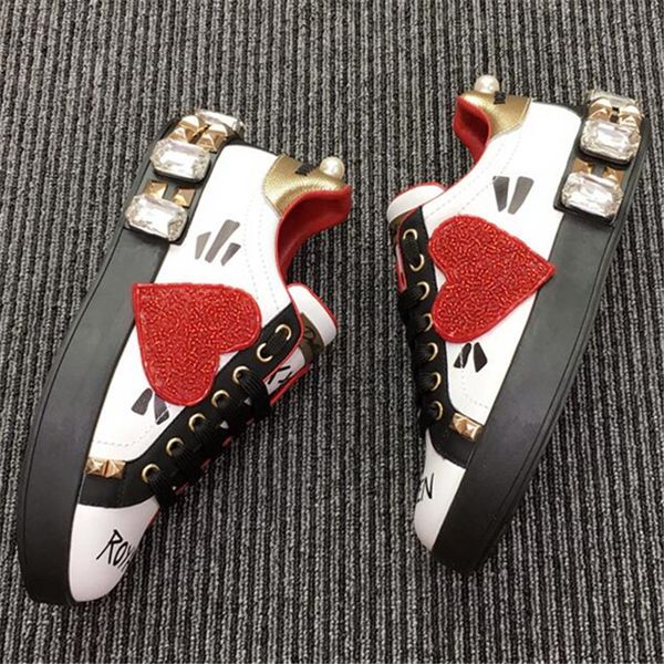 

graffiti loving flats rhinestone crystal sneakers quality round toe ladies lace shoes fashion genuine leather shoes women, Black