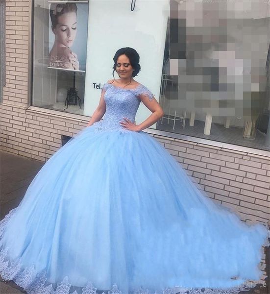 

Light Blue Lace Sweet 16 Quinceanera Dresses Ball Gown Off Shoulder Beaded Puffy Tulle Masquerade vestidos 15 anos Birthday Prom Dresses