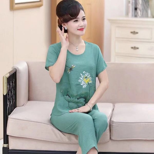 

middle-old aged women's pajamas printed cotton and linen short-sleeve two-piece pajamas suit loose plus size mother leisure wear, Black;red