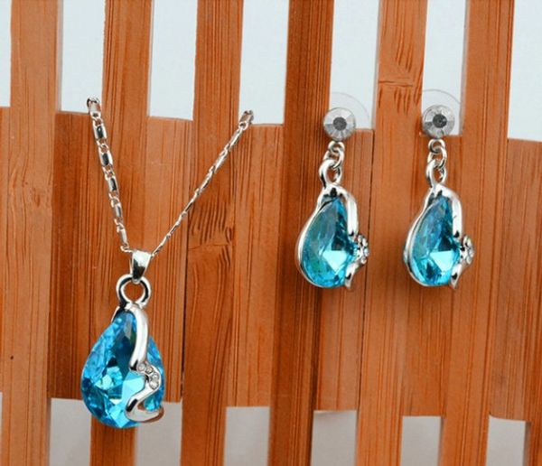 

rhinestone crystal plated water droplet trendy metal water drop alloy wedding clavicle chain necklace/earrings/ring jewelry set, Silver