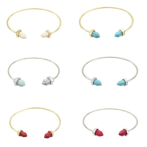 

2 colors gold natural stone turquoise bangles geometric hexagonal prism pile faux marbled stone cuff bracelet bangle for women, Black