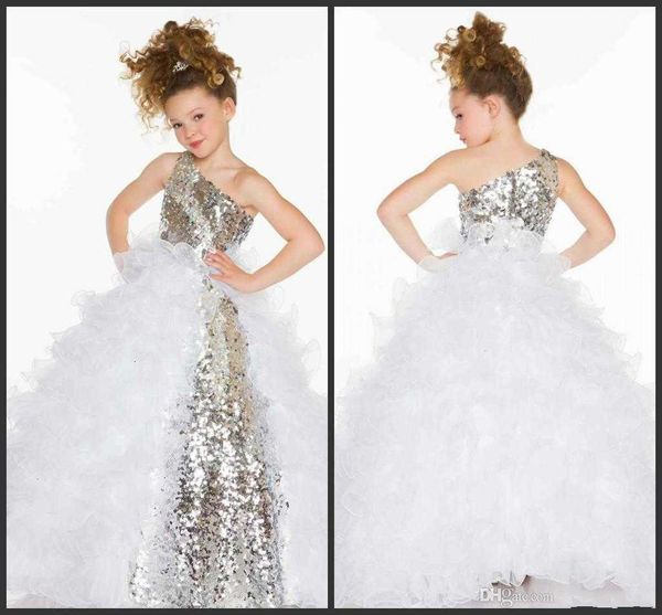 

2019 cute lovely girl  pageant dresses sequins crystal ruffles a line tulle flower girl dresses with one shoulder neckline, White;blue