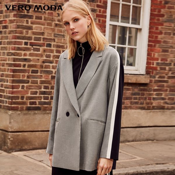 

2019 new stripe splice knitted houndstooth suit jacket women long blazer|318308536, White;black