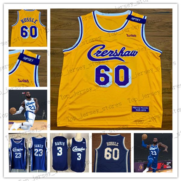 

custom ncaa any name number white blue yellow lebron 23 james anthony 3 davis nipsey 60 hussle embroidery stitch basketball jerseys mens kid, Black;red