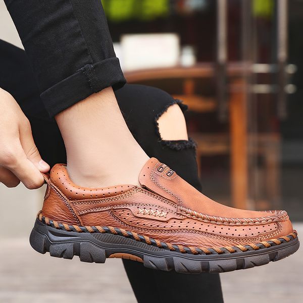 

men flat shoes genuine leather men loafers breathable slip-on outdoor handmade sewing driving shoes l4, Black