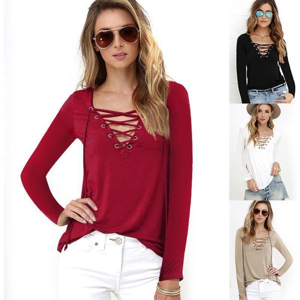 

summer new v-neck solid color long-sleeved t-shirt top, White
