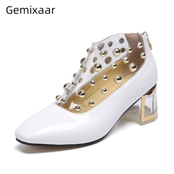 

clear crystal hoof heel high heel shoes woman transparent pvc with rivet decor back zip dress shoes women pumps, Black