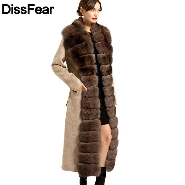 

120cm fashion wool blend long coat with belt warm jacket with natural fur women cashmere coats luxury winter overcoat, Black