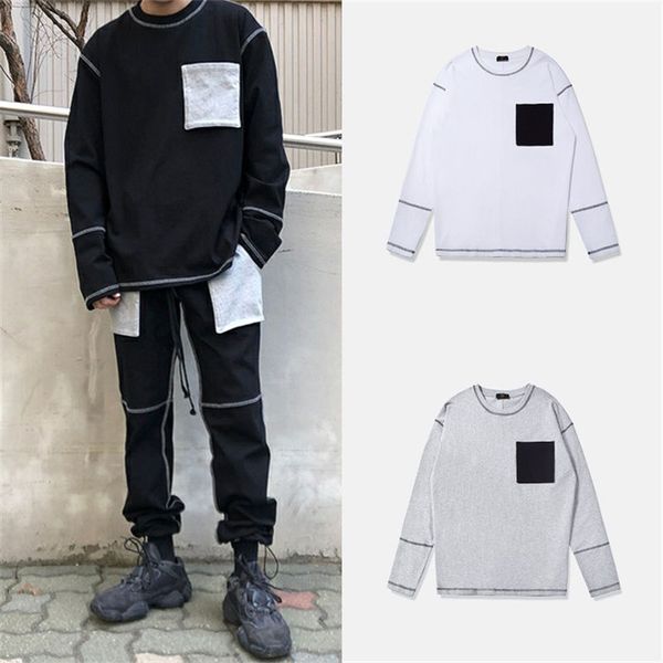 

solid color men women tshirts long sleeve crew neck mens womens shirts stitching pocket t-shirts, White;black