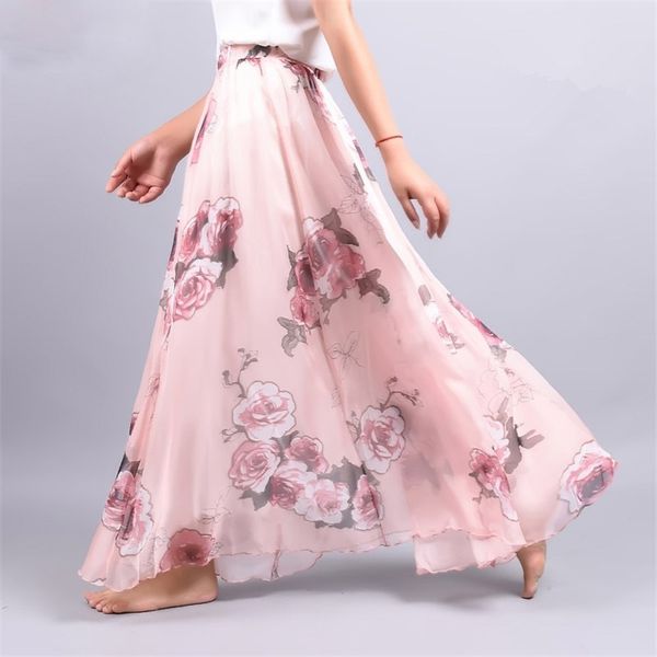 

summer new fashion vintage bohemia chiffon floral printed women boho floor-length long maxi beach party loose flare skirt, Black