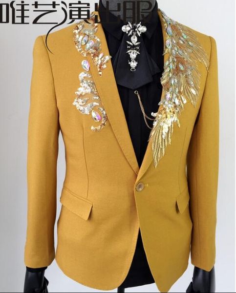 

yellow sequins clothes men suits designs masculino homme terno stage singers jacket men slim blazer dance star style dress punk, White;black