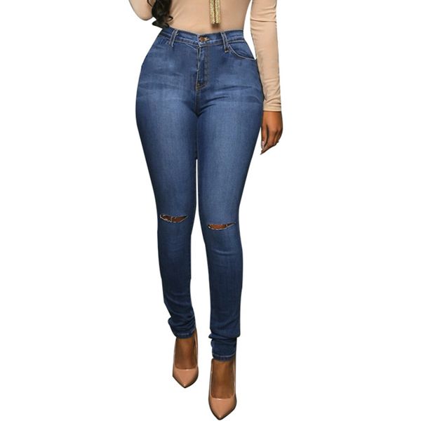 

spring 2018 fashion women high waist stretch ripped knees distressed skinny denim jean pants blue jeans plus size
