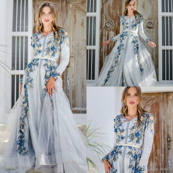 

2020 arabic dubai blue prom dresses v neck 3d floral appliques long sleeve evening gowns a line sweep train special occasion dress, Black
