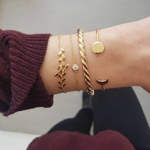 

doreen box fashion leaves flower moon for women's bracelet rhienstone gold color bohemian link cuff bracelet set, 4pcs/set, Black