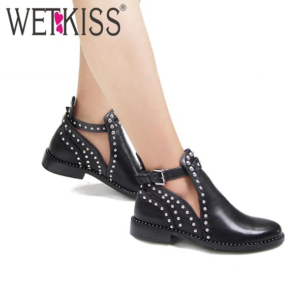 

wetkiss new summer low heels women ankle boots rivet round toe buckle cutout footwear 2019 thick heel fashion neutral girl shoes, Black
