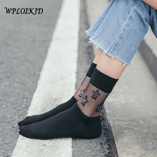 

wploikjd]shiny silver stars transparent glass harajuku socks art moda mujer 2018 socks women japan calcetines mujer meias femin, Black;white