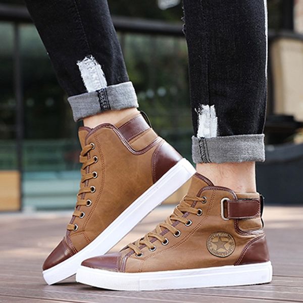 

spring autumn men casual shoes ankle length men pu leather shoes loafers lace-up high pipe flat plus size 45, Black
