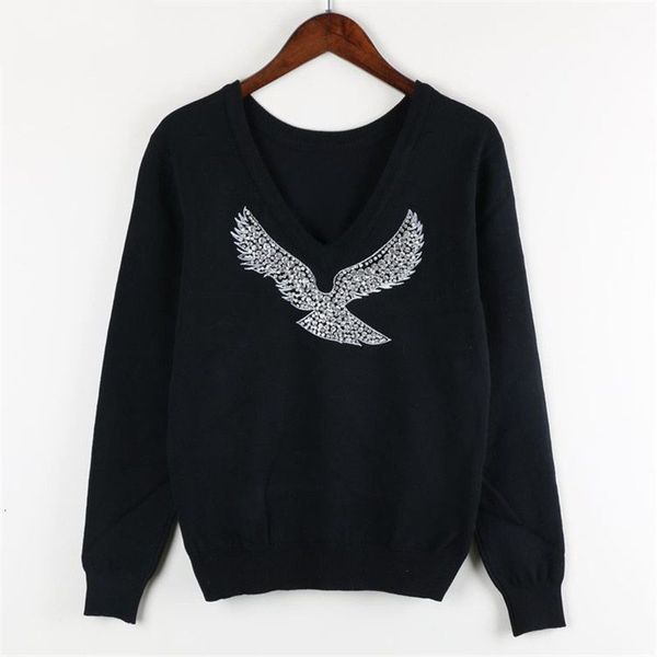 

designer sweater women sweaters spring new fashion full sleeve beaded eagle diamond pullover women computer knitted pullover sweater s xl, White;black