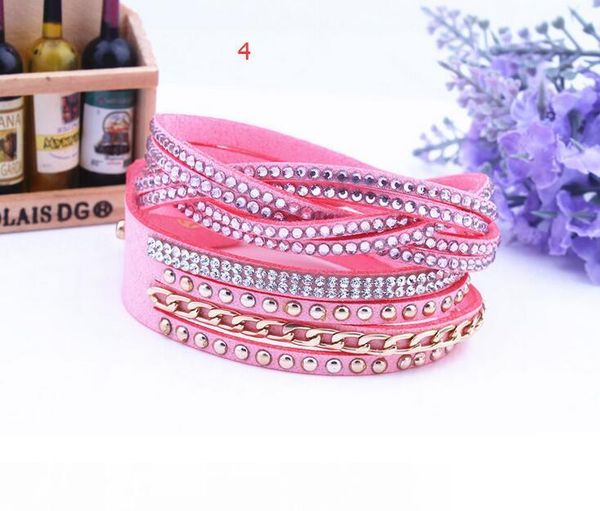 

women new fashion pu leather wrap wristband cuff punk rhinestone bracelet crystal bangle charm bracelets 11 colors ing, Golden;silver