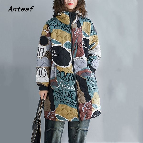 

plus size cotton vintage print clothes casual long loose autumn winter hooded jacket coat women 2019 outerwear, Black