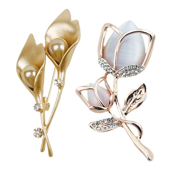 

2pcs simple imitation pearl brooch tulip flower rhinestone brooch pin female korean lady all-match sweater suit jacket brooches