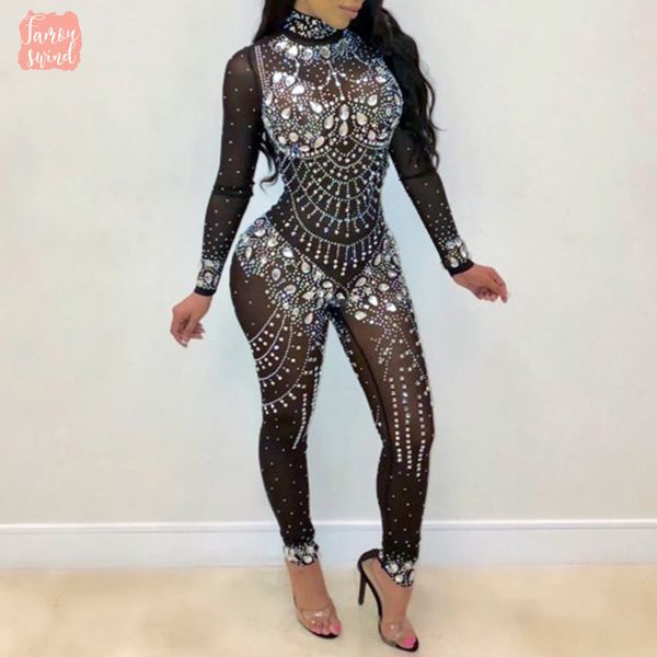 

women mock sequin jumpsuit neck rhinestone diamonds jumpsuits long sleeve skinny bodysuits clubwear party one piece romper, Black;white