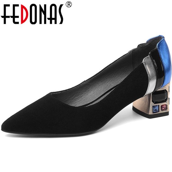 

fedonas new sheepskin leather high heels pumps 2020 summer autumn dancing pointed toe women shoes glitters famale shoes woman, Black