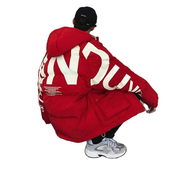 

2019 thick warm men winter down jacket clothes casual loose harajuku mens parkas coats hooded print red male windbreaker sellers, Black