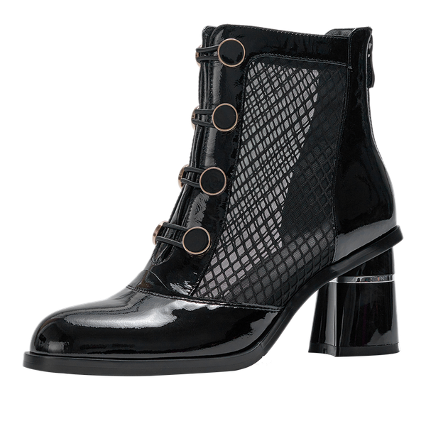 

women's genuine leather mesh patchwork botton female spring new thick high heel comfortable short ankle boots back zip shoes, Black