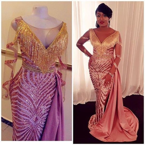 

Gold Mermaid Evening Dresses With Detachable Train Sequined Prom Dress Long Sleeve Tassels Evening Gowns robe de soiree Abendkleider