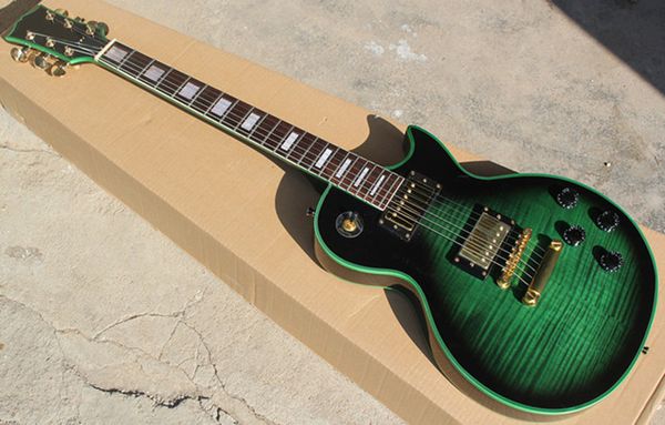

factory green electric guitar with flame maple veneer,gold hardware,rosewood fretboard and rectangular inlay,green binding,can be customized