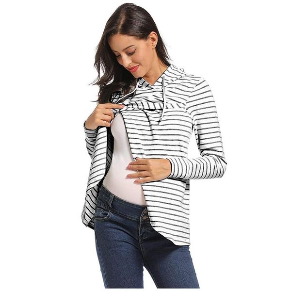 

2019 pregnant woman new women maternity clothes soft long sleeve striped hoodie nursing sweatshirts for breastfeeding, White