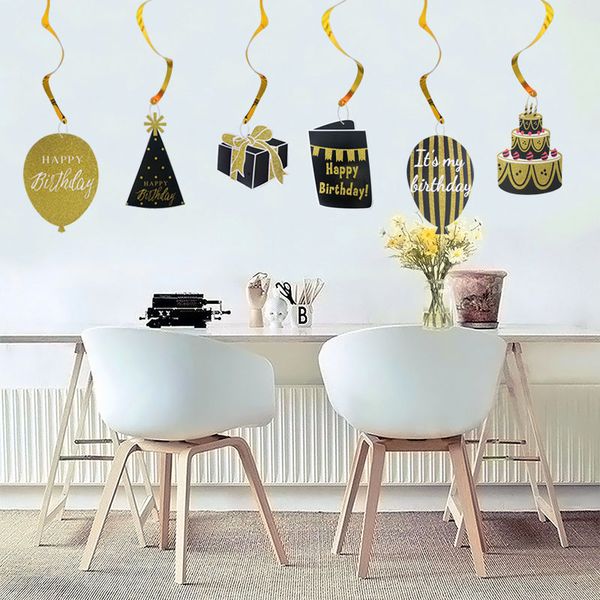 Birthday Party Decorations Adult Diy Happy Birthday Ceiling Hanging Swirl Creative Black Gold Garland Banner Birthday Decoration Favors For Birthday